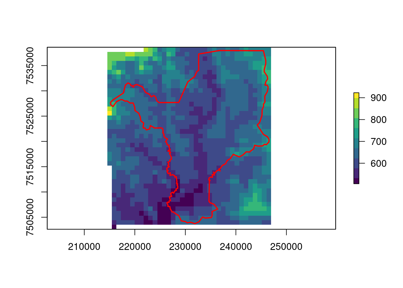 Agregação (aumento do pixel para 900 metros) utilizando a média para o raster de elevação para Rio Claro/SP.