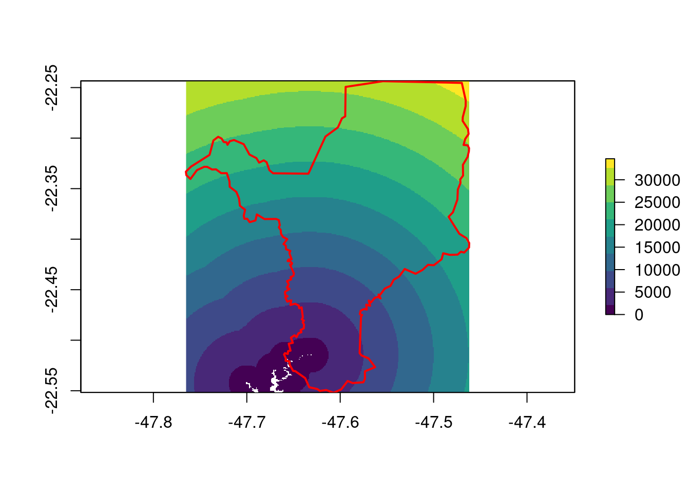 Raster de distância Euclidiana dos pixels abaixo de 500 m de elevação para Rio Claro/SP.