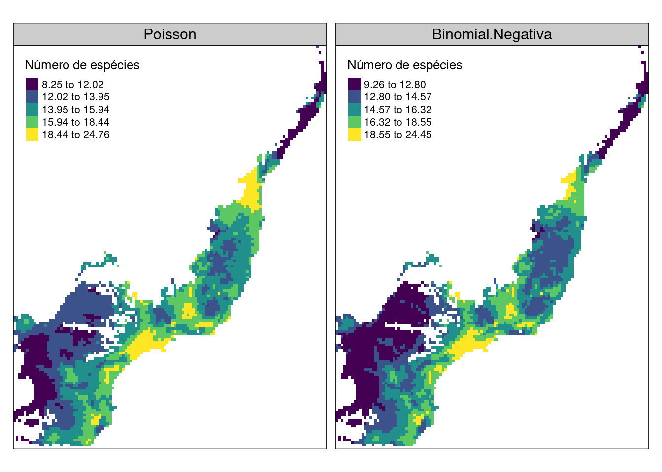 Mapa da predição de riqueza utilizando o modelo Poisson e Binomial Negativa para a Mata Atlântica.