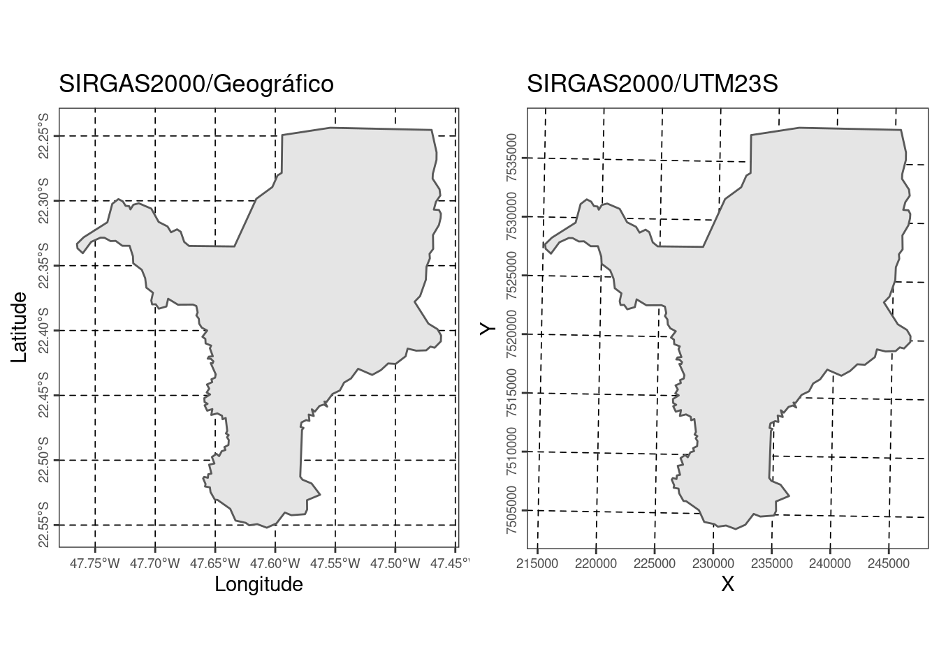 Limites do município de Rio Claro/SP com CRS SIRGAS2000/geográfico e com CRS SIRGAS2000/UTM23S.