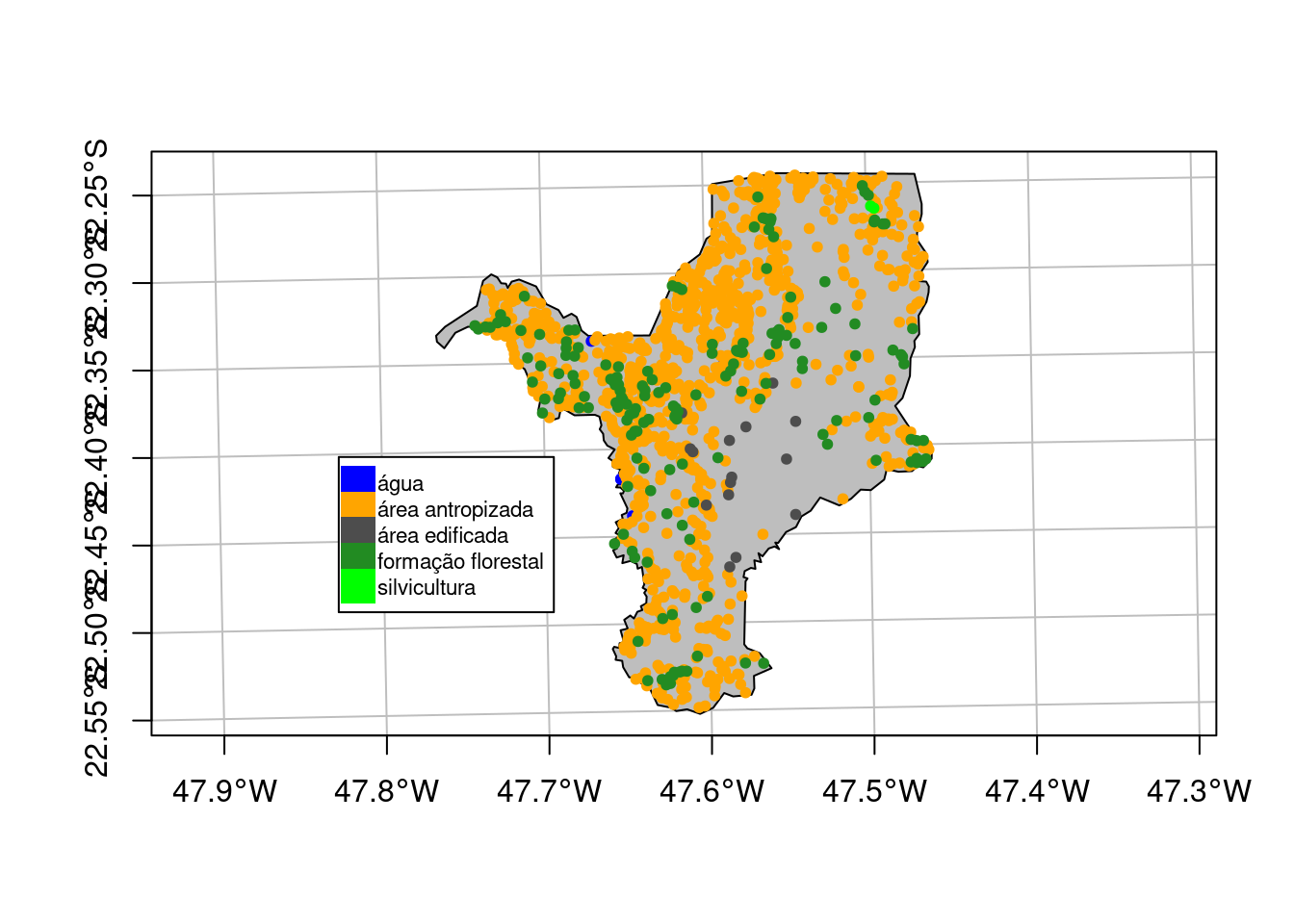Junção espacial da cobertura da terra para as nascentes no município de Rio Claro/SP.