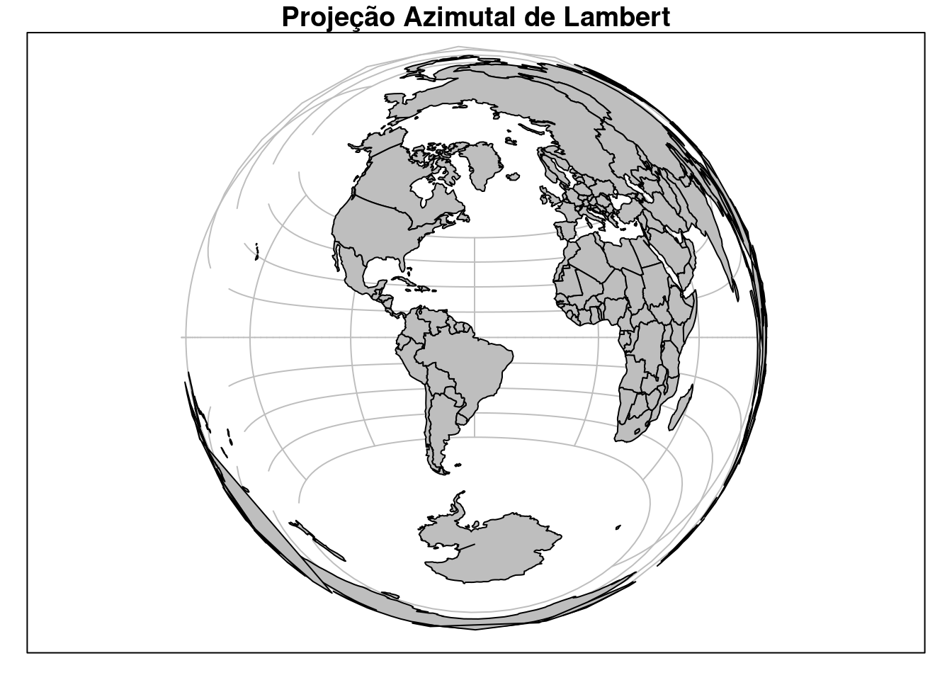 Limite dos países do mundo com CRS Projeção Azimutal de Lambert centrado no Brasil.