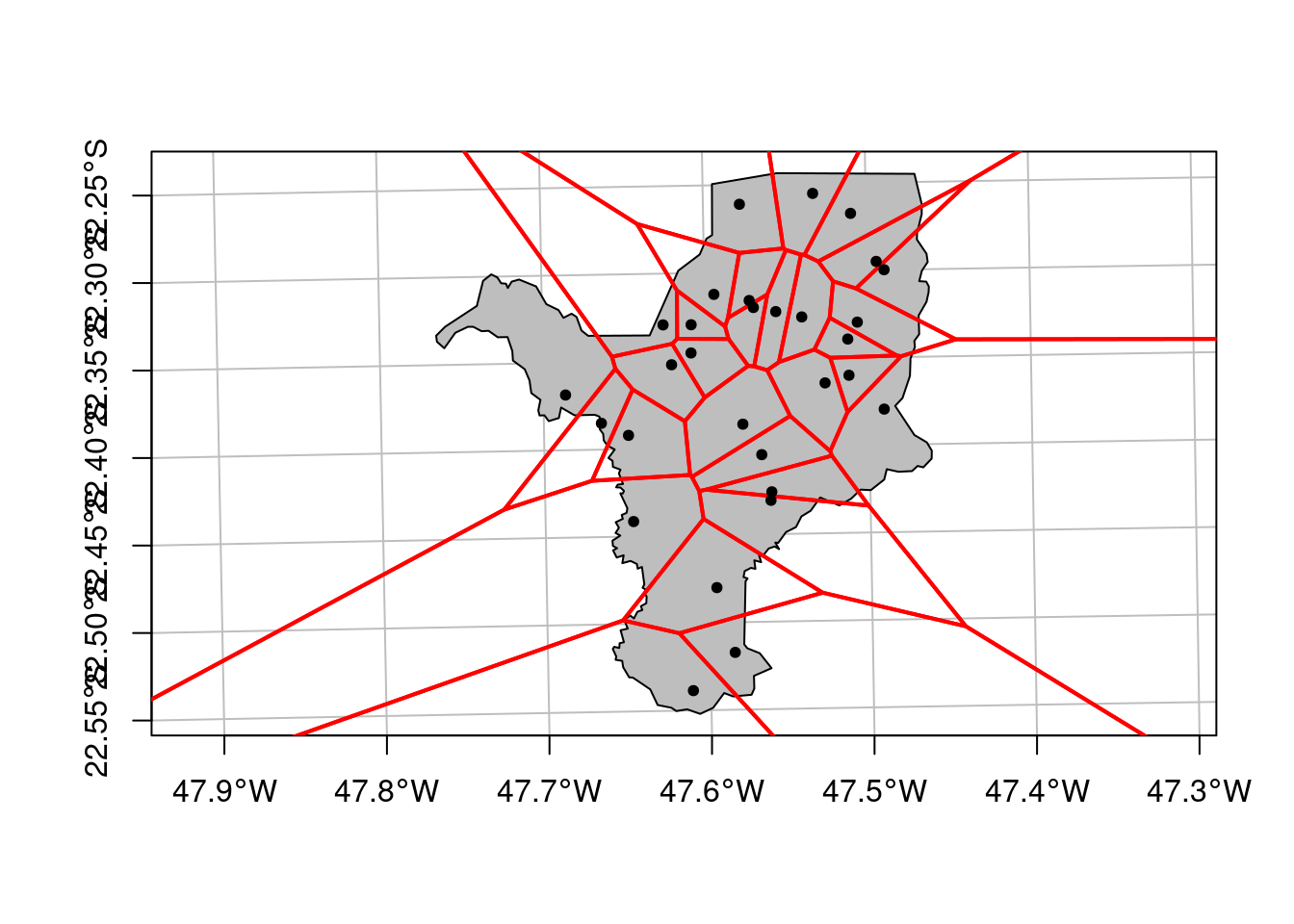 Polígonos de Voronoi para os 30 pontos criados aleatoriamente para Rio Claro/SP.